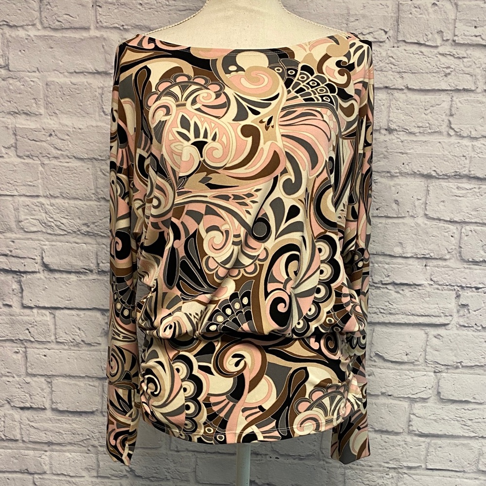 Boston Proper Long Sleeve Boatneck Top in Pink, Black & Cream Swirl Print Size S
